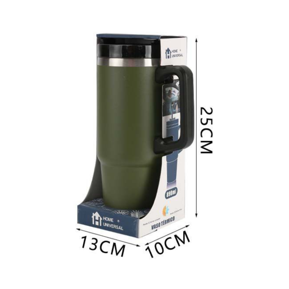 Home Universal® 890ML - Taza de Viaje con Tapa y Pajita para Coche | Taza Térmica de Café con Aislamiento de Doble Pared | Acero Inoxidable (Verde Militar)