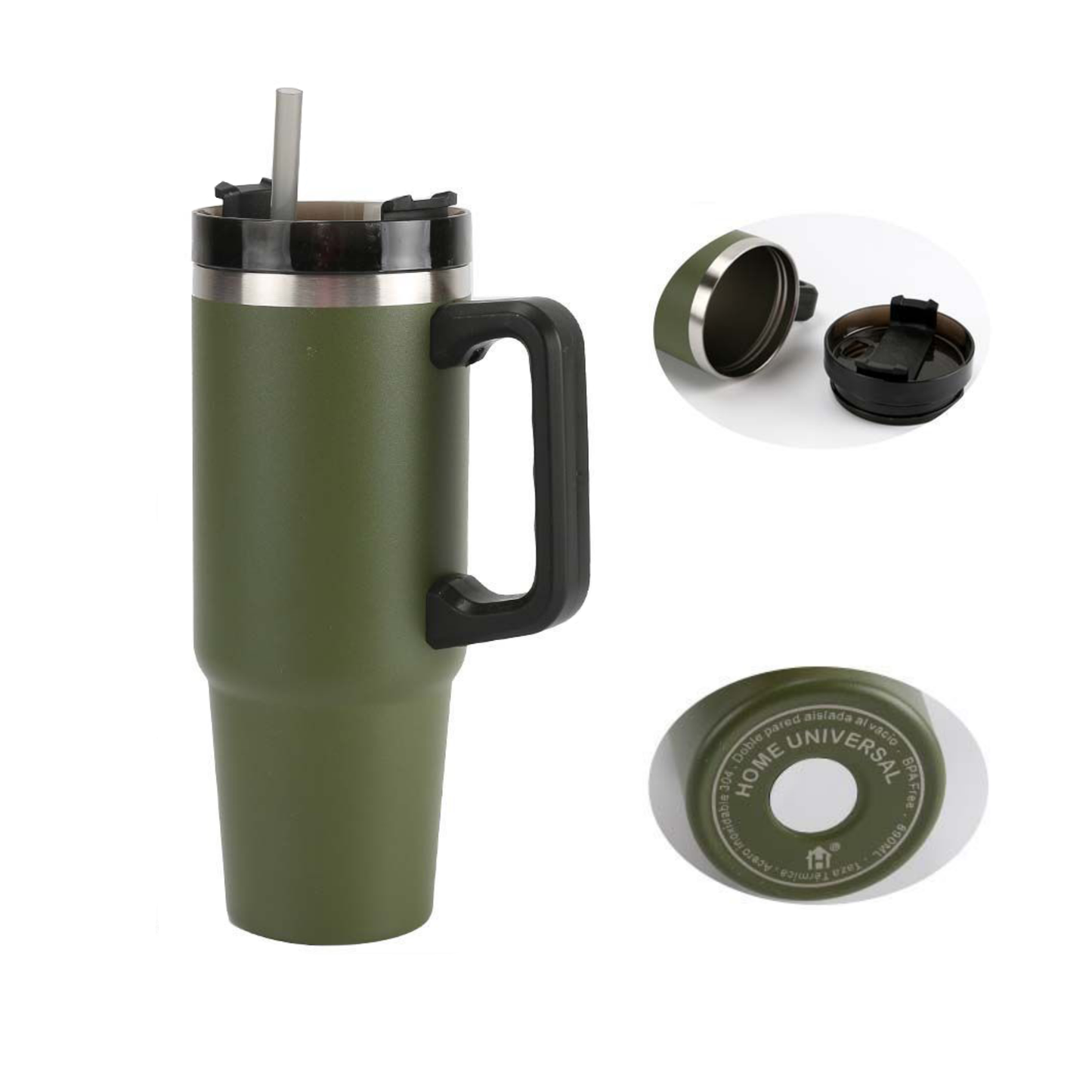 Home Universal® 890ML - Taza de Viaje con Tapa y Pajita para Coche | Taza Térmica de Café con Aislamiento de Doble Pared | Acero Inoxidable (Verde Militar)