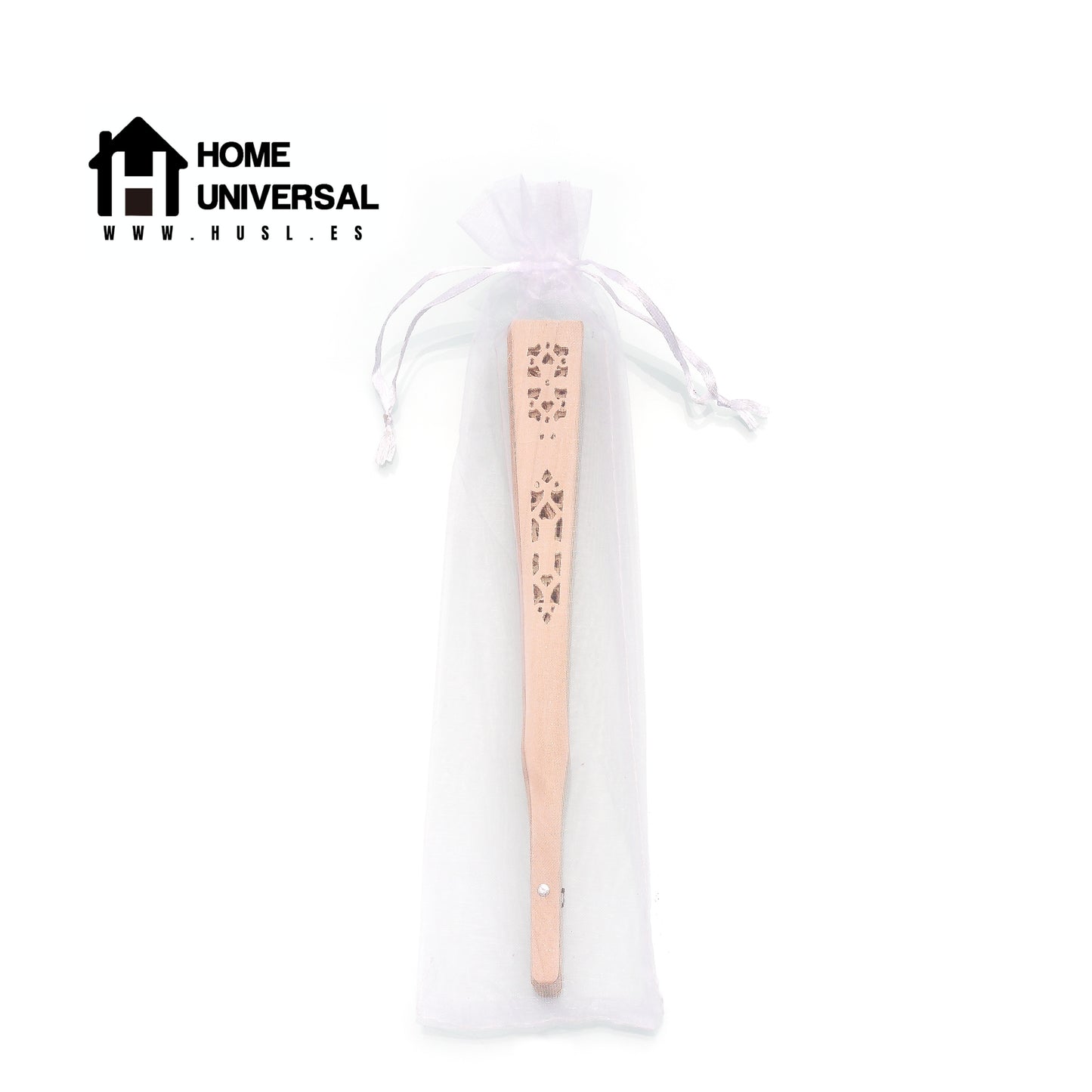 HUSL ABANICO MADERA NATURAL 20 CM EN BOLSA DE ORGANZA A JUEGO, ABANICOS PARA EVENTOS, DETALLES PARA LOS INVITADOS, REGALOS DE BODA, FIESTAS, COMUNIÓN O BAUTIZO