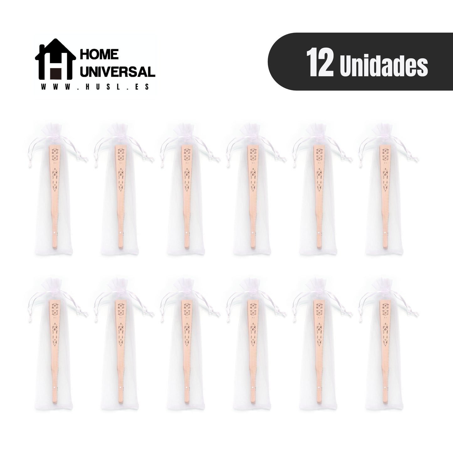 HUSL ABANICO MADERA NATURAL 20 CM EN BOLSA DE ORGANZA A JUEGO, ABANICOS PARA EVENTOS, DETALLES PARA LOS INVITADOS, REGALOS DE BODA, FIESTAS, COMUNIÓN O BAUTIZO