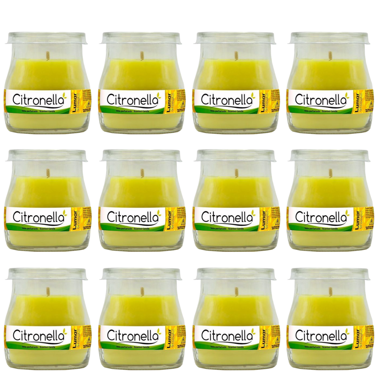 Home Universal® Pack de 3/6/12 Velas Aromáticas en Vaso de Cristal Reciclable LUMAR AROMATIC – 24h de Duración por Vela – Cera Vegetal Perfumada – 16 Fragancias Disponibles – Fabricadas en España – 7x6cm (Citronela)