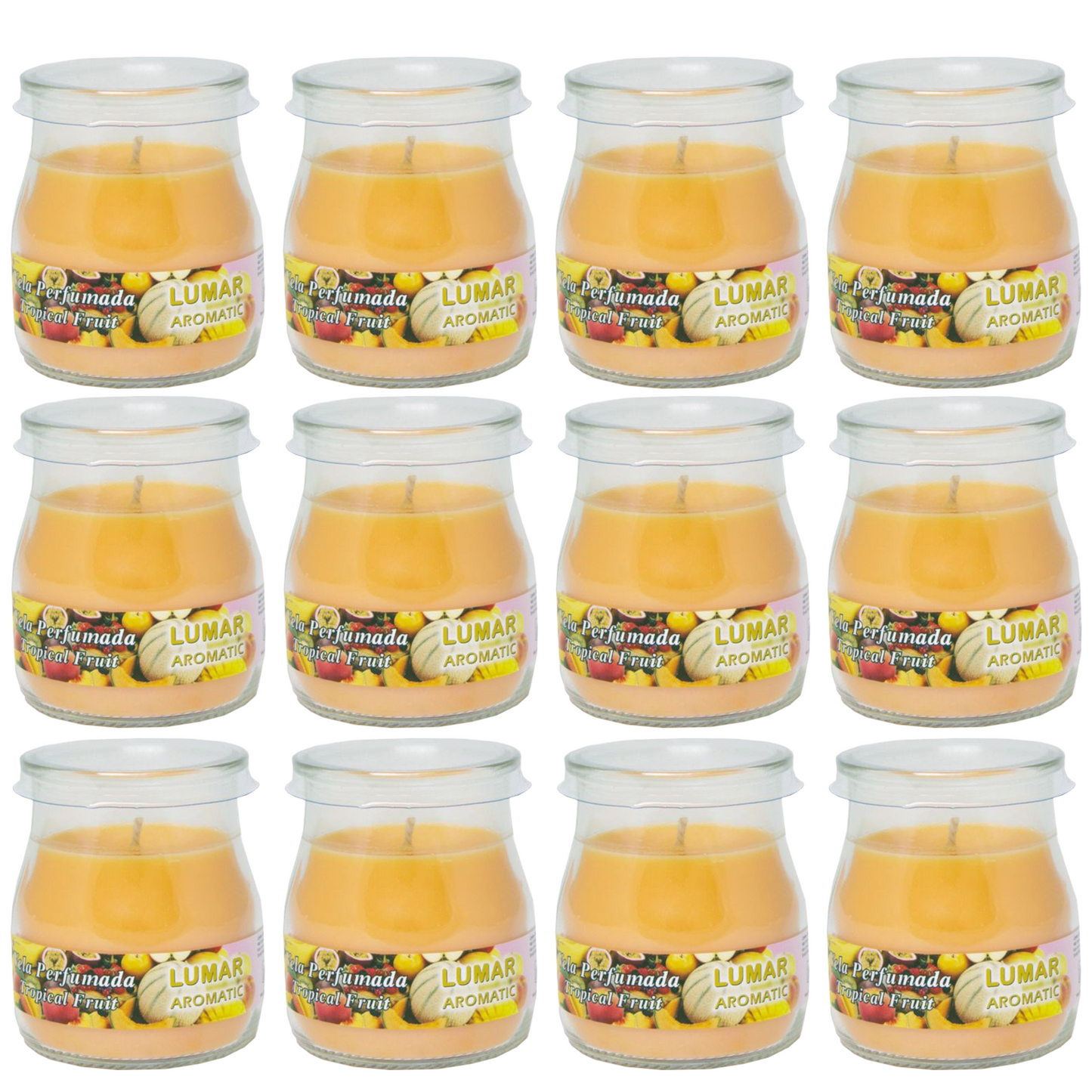 Home Universal® Pack de 3/6/12 Velas Aromáticas en Vaso de Cristal Reciclable LUMAR AROMATIC – 24h de Duración por Vela – Cera Vegetal Perfumada – 16 Fragancias Disponibles – Fabricadas en España – 7x6cm (Frutas Tropicales)