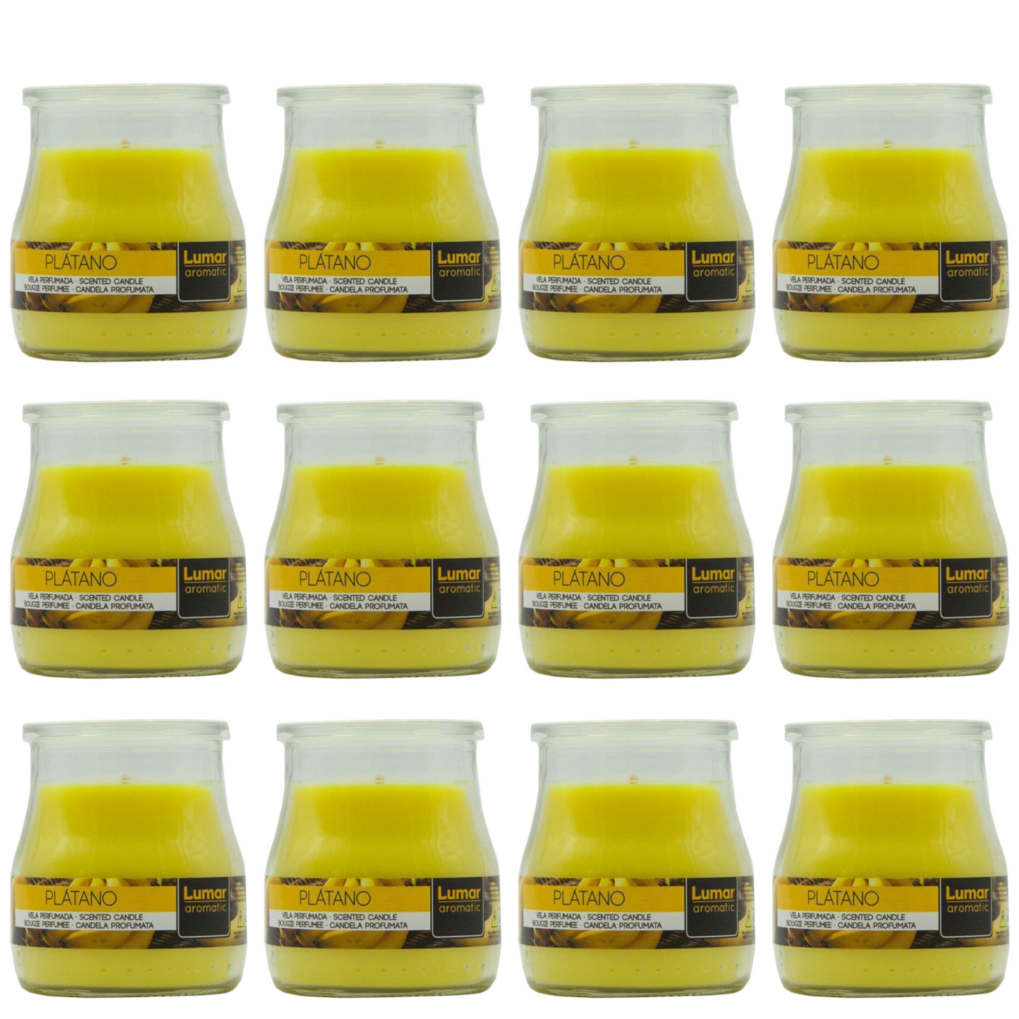 Home Universal® Pack de 3/6/12 Velas Aromáticas en Vaso de Cristal Reciclable LUMAR AROMATIC – 24h de Duración por Vela – Cera Vegetal Perfumada – 16 Fragancias Disponibles – Fabricadas en España – 7x6cm (Plátano)