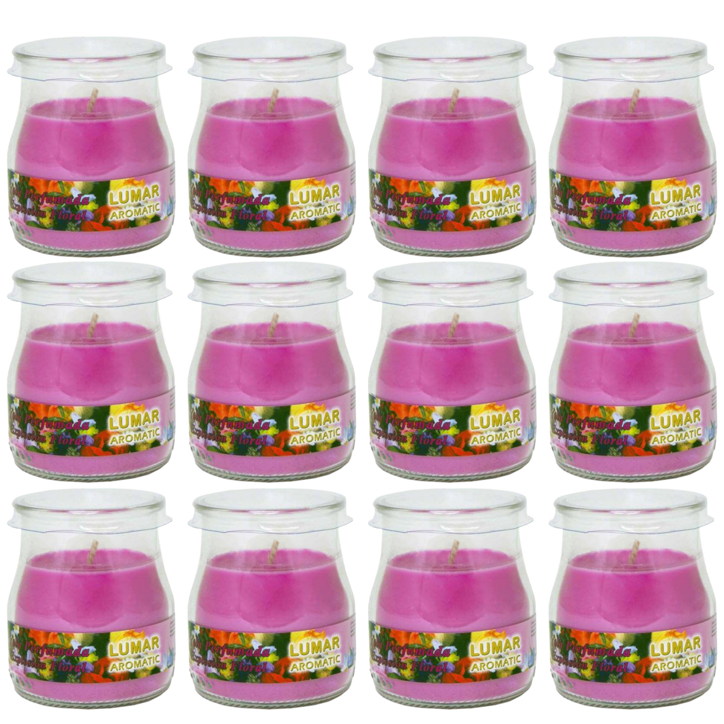 Home Universal® Pack de 3/6/12 Velas Aromáticas en Vaso de Cristal Reciclable LUMAR AROMATIC – 24h de Duración por Vela – Cera Vegetal Perfumada – 16 Fragancias Disponibles – Fabricadas en España – 7x6cm (Explosión Floral)