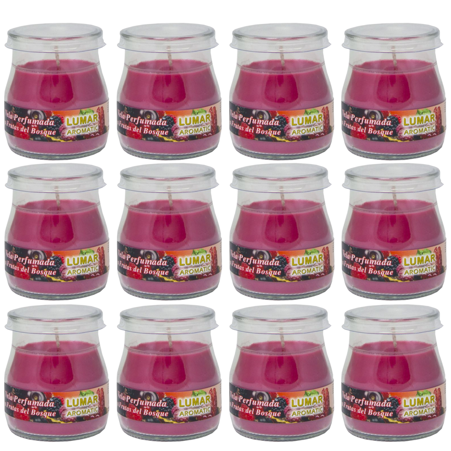 Home Universal® Pack de 3/6/12 Velas Aromáticas en Vaso de Cristal Reciclable LUMAR AROMATIC – 24h de Duración por Vela – Cera Vegetal Perfumada – 16 Fragancias Disponibles – Fabricadas en España – 7x6cm (Frutas del Bosque)