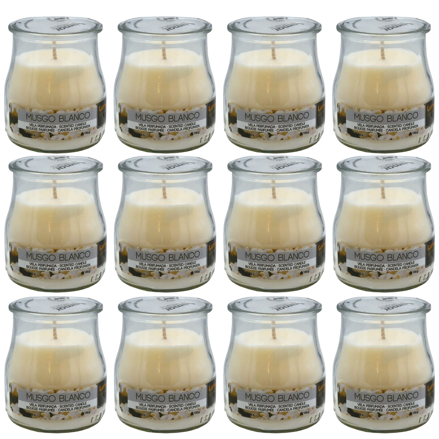 Home Universal® Pack de 3/6/12 Velas Aromáticas en Vaso de Cristal Reciclable LUMAR AROMATIC – 24h de Duración por Vela – Cera Vegetal Perfumada – 16 Fragancias Disponibles – Fabricadas en España – 7x6cm (Musco Blanco)