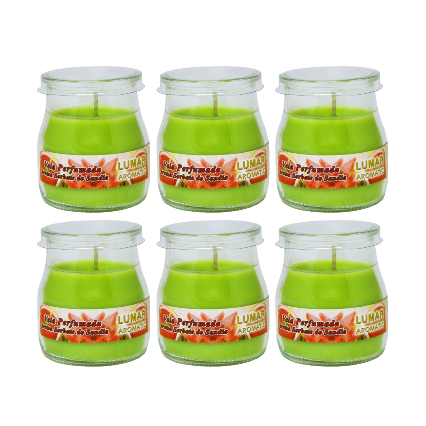 Home Universal® Pack de 3/6/12 Velas Aromáticas en Vaso de Cristal Reciclable LUMAR AROMATIC – 24h de Duración por Vela – Cera Vegetal Perfumada – 16 Fragancias Disponibles – Fabricadas en España – 7x6cm (Sorbete de Sandía)