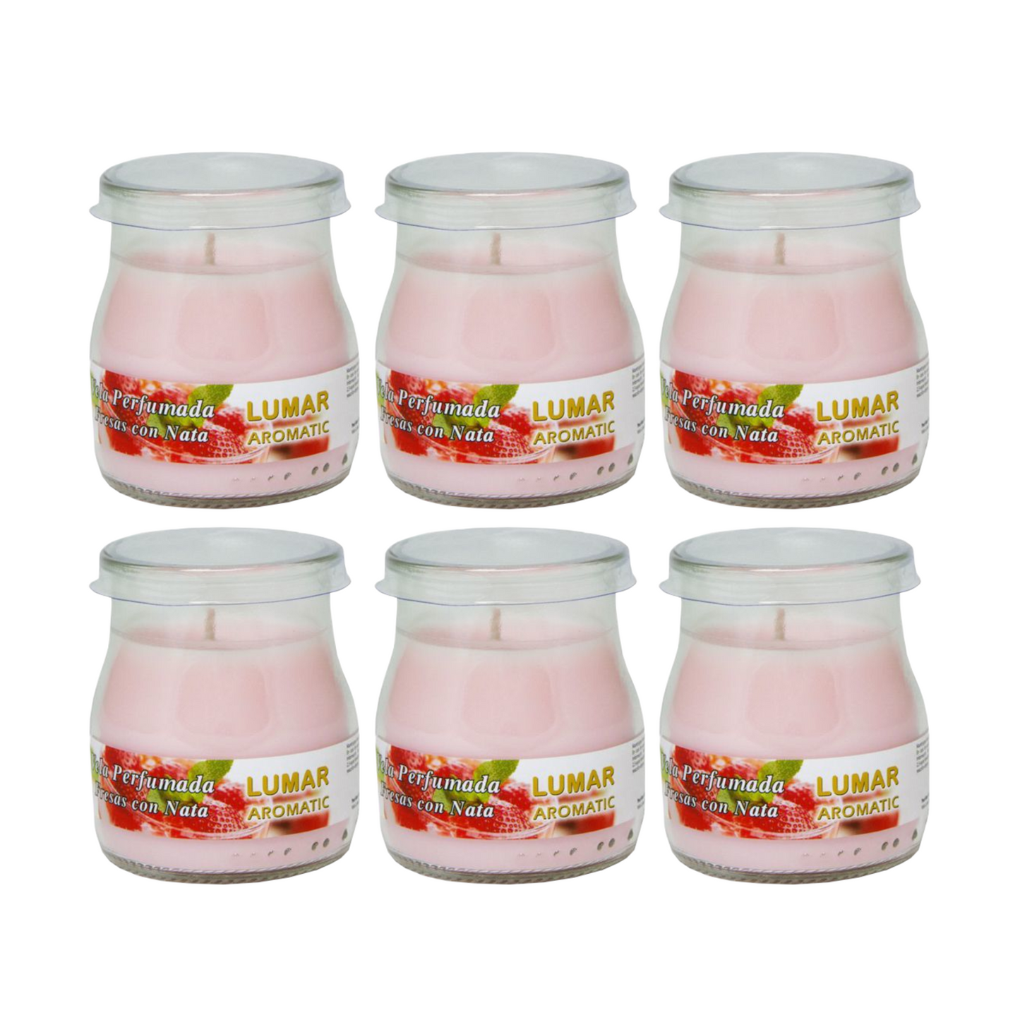 Home Universal® Pack de 3/6/12 Velas Aromáticas en Vaso de Cristal Reciclable LUMAR AROMATIC – 24h de Duración por Vela – Cera Vegetal Perfumada – 16 Fragancias Disponibles – Fabricadas en España – 7x6cm (Fresas con Nata)