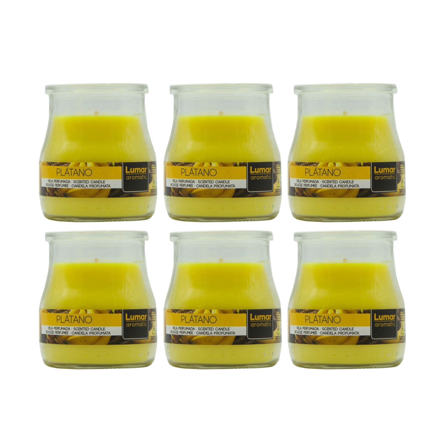 Home Universal® Pack de 3/6/12 Velas Aromáticas en Vaso de Cristal Reciclable LUMAR AROMATIC – 24h de Duración por Vela – Cera Vegetal Perfumada – 16 Fragancias Disponibles – Fabricadas en España – 7x6cm (Plátano)