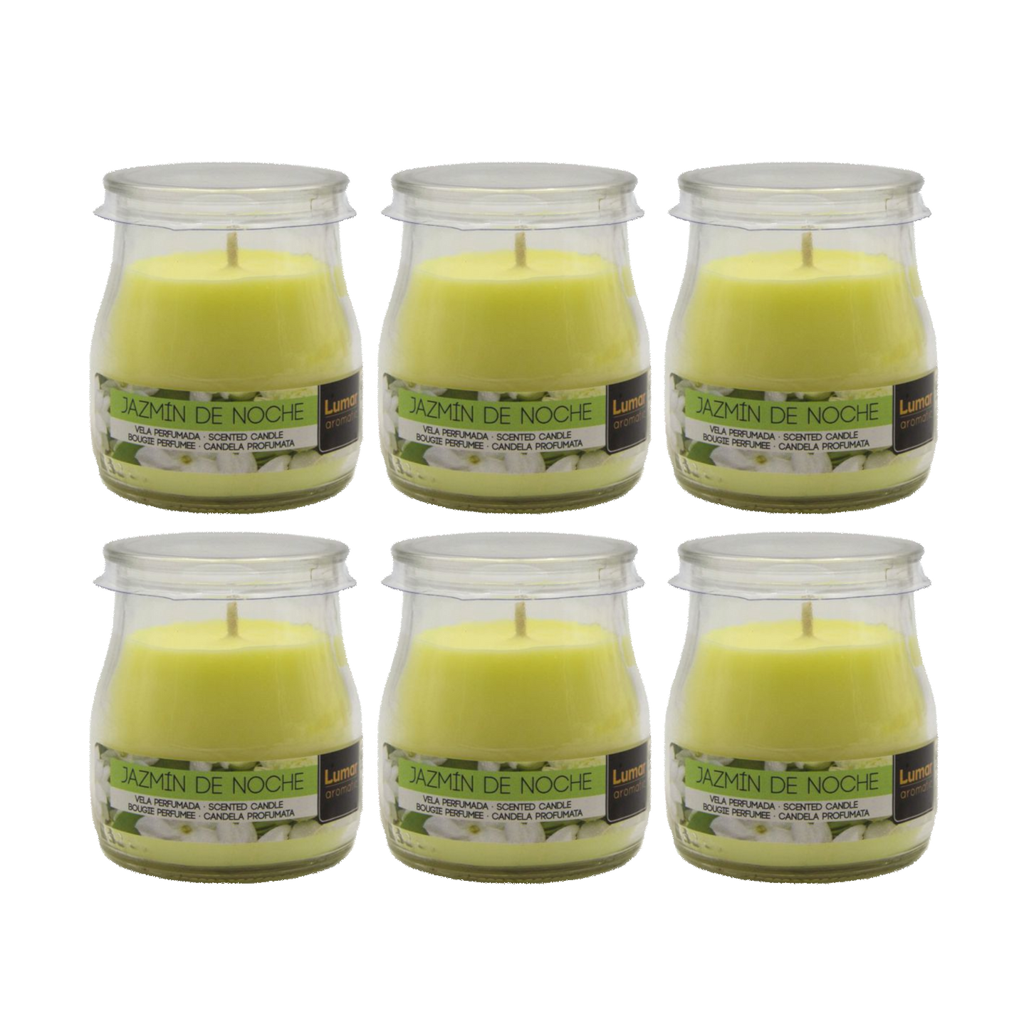 Home Universal® Pack de 3/6/12 Velas Aromáticas en Vaso de Cristal Reciclable LUMAR AROMATIC – 24h de Duración por Vela – Cera Vegetal Perfumada – 16 Fragancias Disponibles – Fabricadas en España – 7x6cm (Jazmín de Noche)