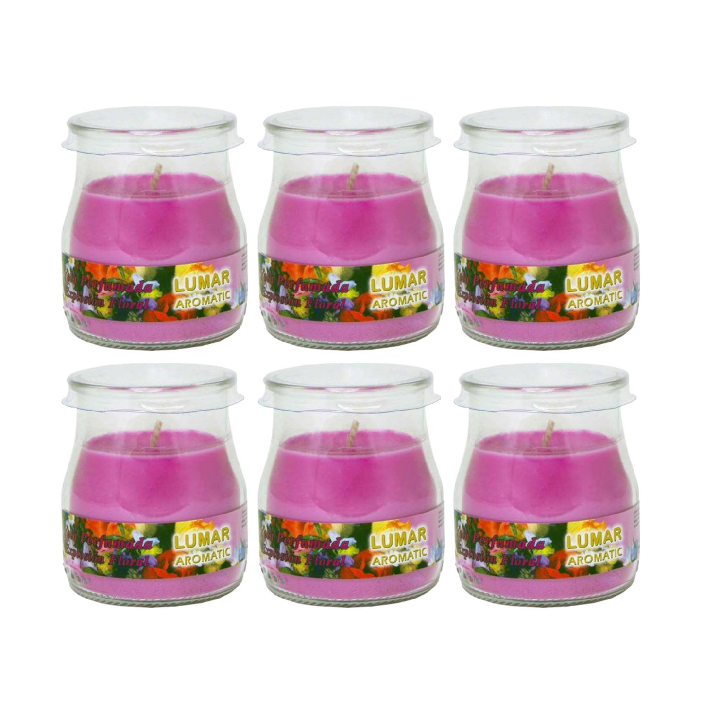 Home Universal® Pack de 3/6/12 Velas Aromáticas en Vaso de Cristal Reciclable LUMAR AROMATIC – 24h de Duración por Vela – Cera Vegetal Perfumada – 16 Fragancias Disponibles – Fabricadas en España – 7x6cm (Explosión Floral)