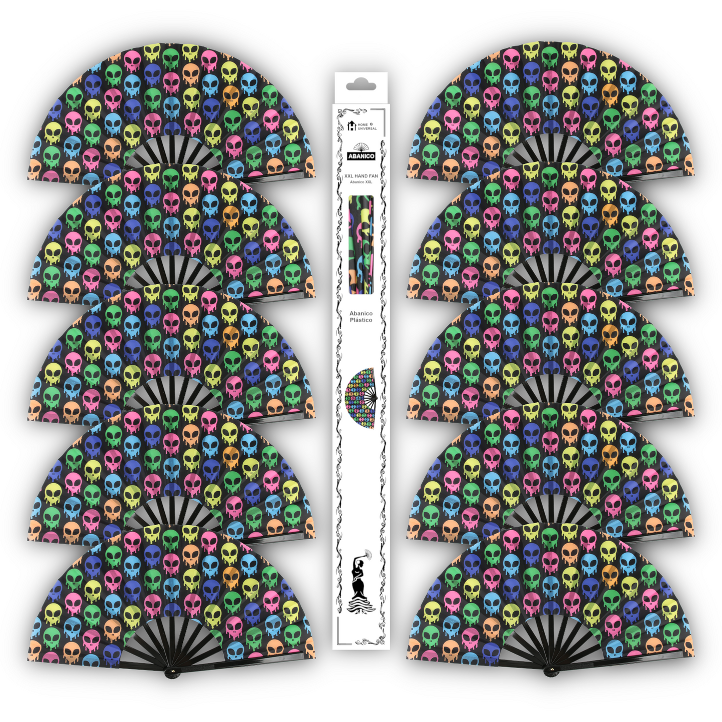 Home Universal® Abanico XXL 33 cm Grande de Plástico con Caja – Plegable, Ligero y Resistente – Efecto Fluorescente Brillante – Ideal para Verano, Fiesta, Discoteca, Pride y Eventos (Alienigena - Multicolor)