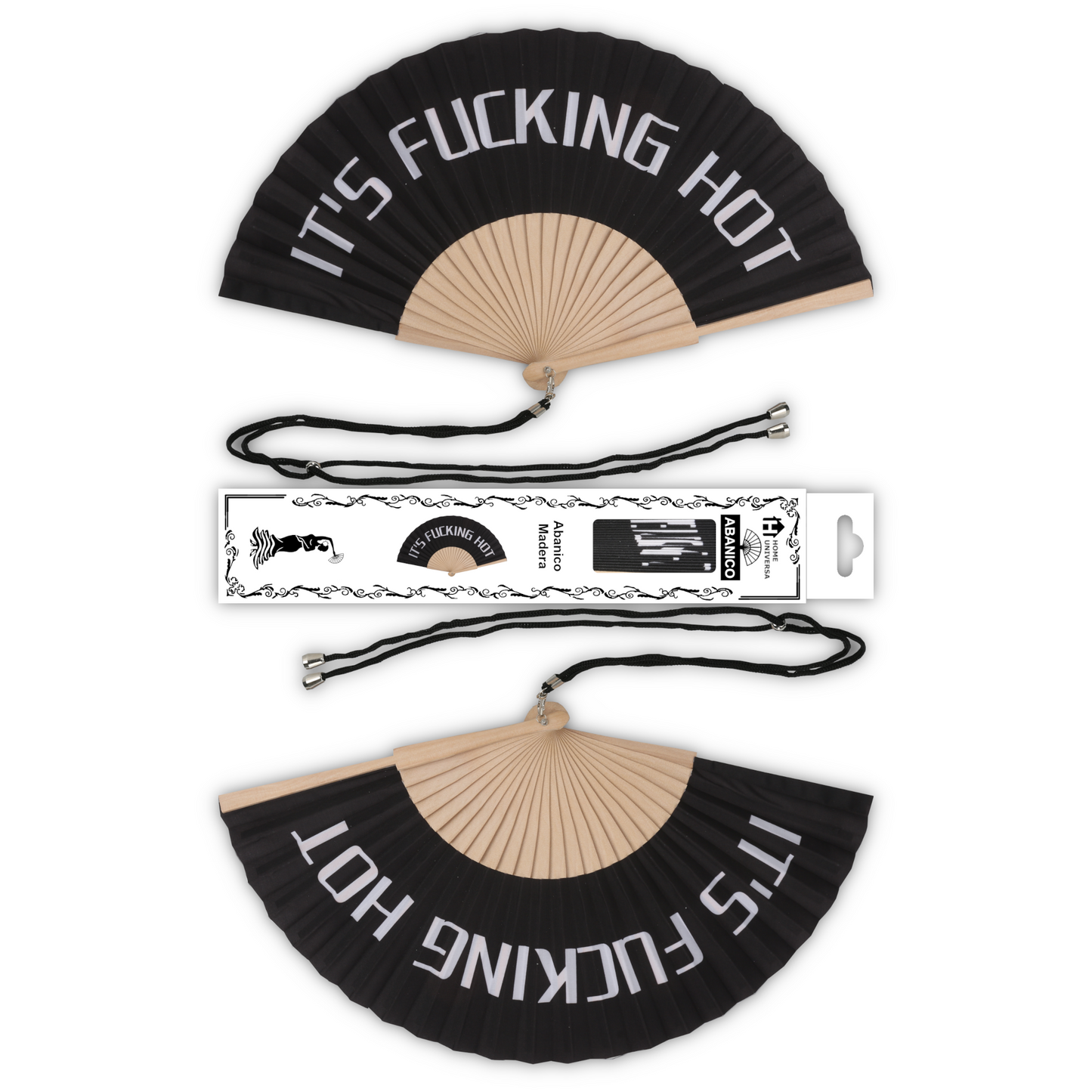 Home Universal® Abanico 23 cm con Cuerda para Cuello – Abanico Plegable de Madera Ligero y Portátil – Accesorio de Verano para Playa, Festivales, Bodas y Eventos – Diseño Divertido, Ideal para Viajes y Calor (IT´S FUC*ING HOT (Negro))