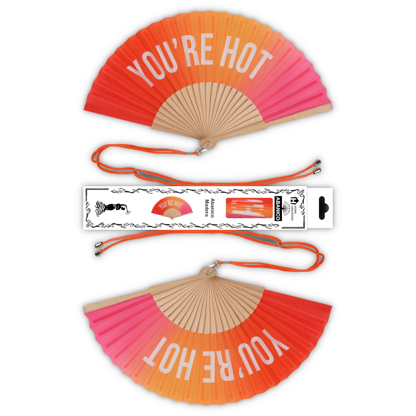 Home Universal® Abanico 23 cm con Cuerda para Cuello – Abanico Plegable de Madera Ligero y Portátil – Accesorio de Verano para Playa, Festivales, Bodas y Eventos – Diseño Divertido, Ideal para Viajes y Calor (YOU´RE HOT (Cálido))