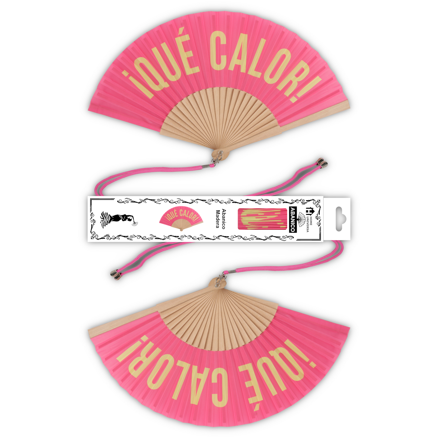Home Universal® Abanico 23 cm con Cuerda para Cuello – Abanico Plegable de Madera Ligero y Portátil – Accesorio de Verano para Playa, Festivales, Bodas y Eventos – Diseño Divertido, Ideal para Viajes y Calor (¡QUÉ CALOR! (Rosa))