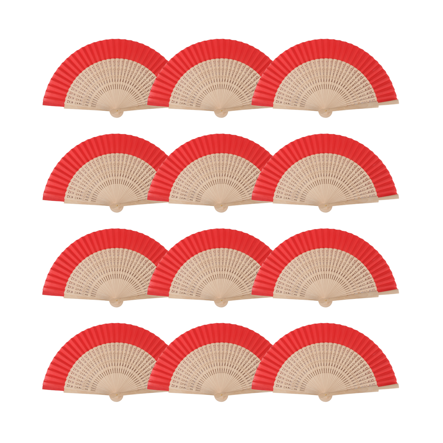 Home Universal ® Pack 12 Unidades Abanicos Madera con Tela Lisa 23cm, Detalles para los Invitados, Regalos de Boda, Fiestas, Comuniones y Otros Eventos (Rojo troquelado con caja)
