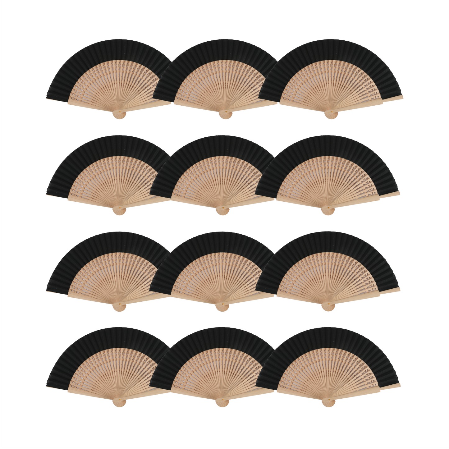 Home Universal ® Pack 12 Unidades Abanicos Madera con Tela Lisa 23cm, Detalles para los Invitados, Regalos de Boda, Fiestas, Comuniones y Otros Eventos (Negro troquelado con caja)