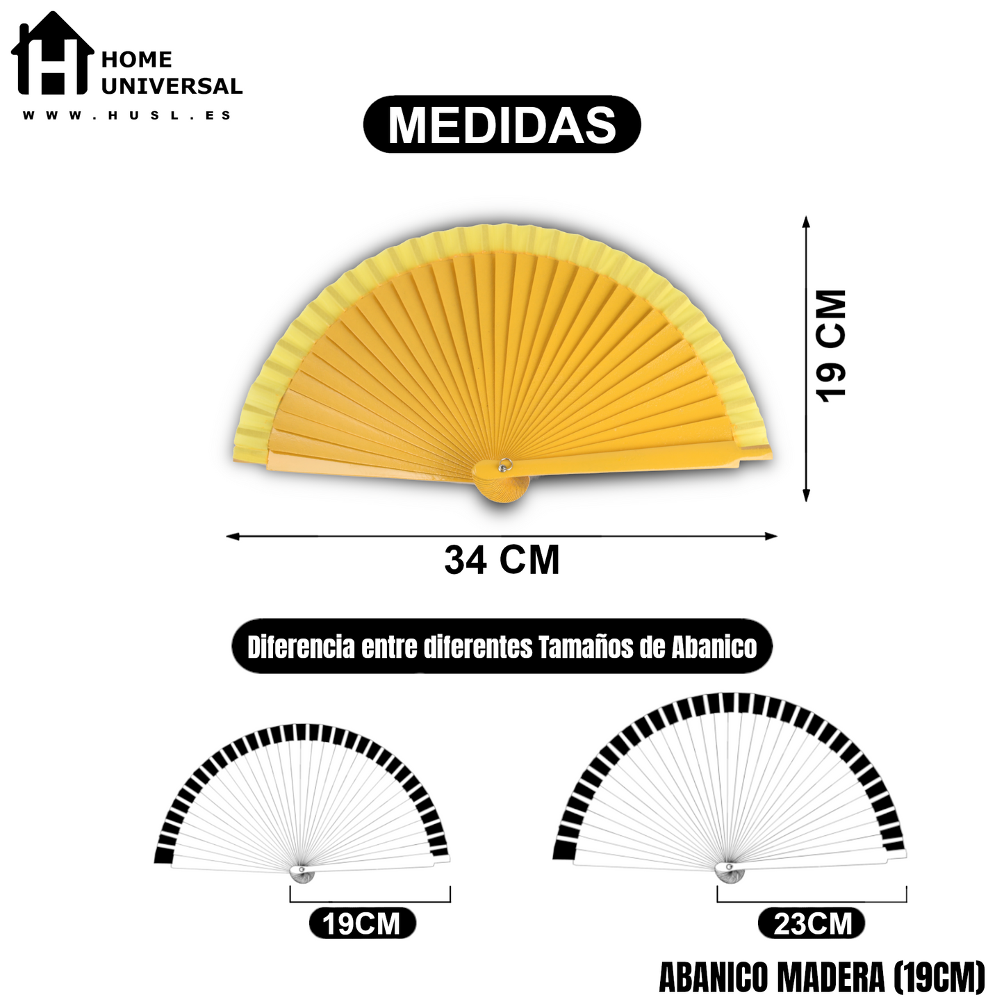 Home Universal® Pack de 12 Abanicos de Madera Lacados, Disponibles en Varios Colores y Tamaños, Abanico Flamenco Español para Bodas, Ferias, Fiestas, Comuniones y Eventos (Amarillo)