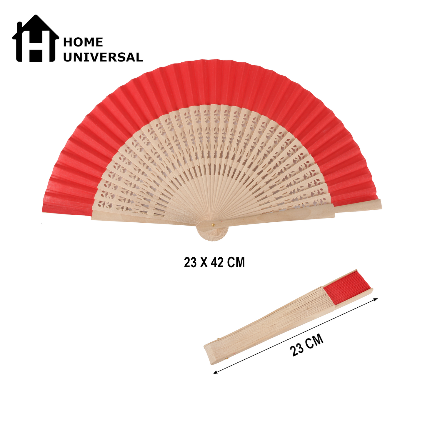Home Universal ® Pack 12 Unidades Abanicos Madera con Tela Lisa 23cm, Detalles para los Invitados, Regalos de Boda, Fiestas, Comuniones y Otros Eventos (Rojo troquelado con caja)