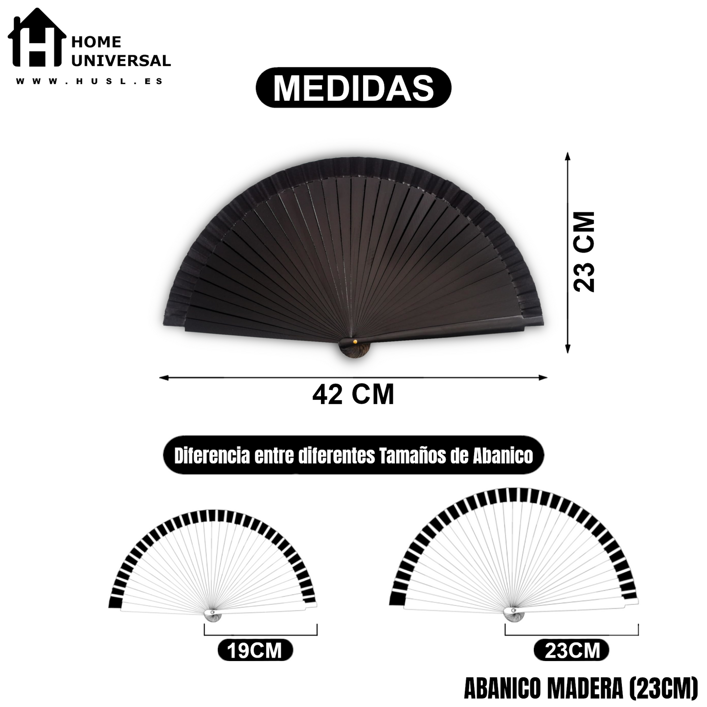Home Universal® Pack de 12 Abanicos de Madera Lacados, Disponibles en Varios Colores y Tamaños, Abanico Flamenco Español para Bodas, Ferias, Fiestas, Comuniones y Eventos (Negro)