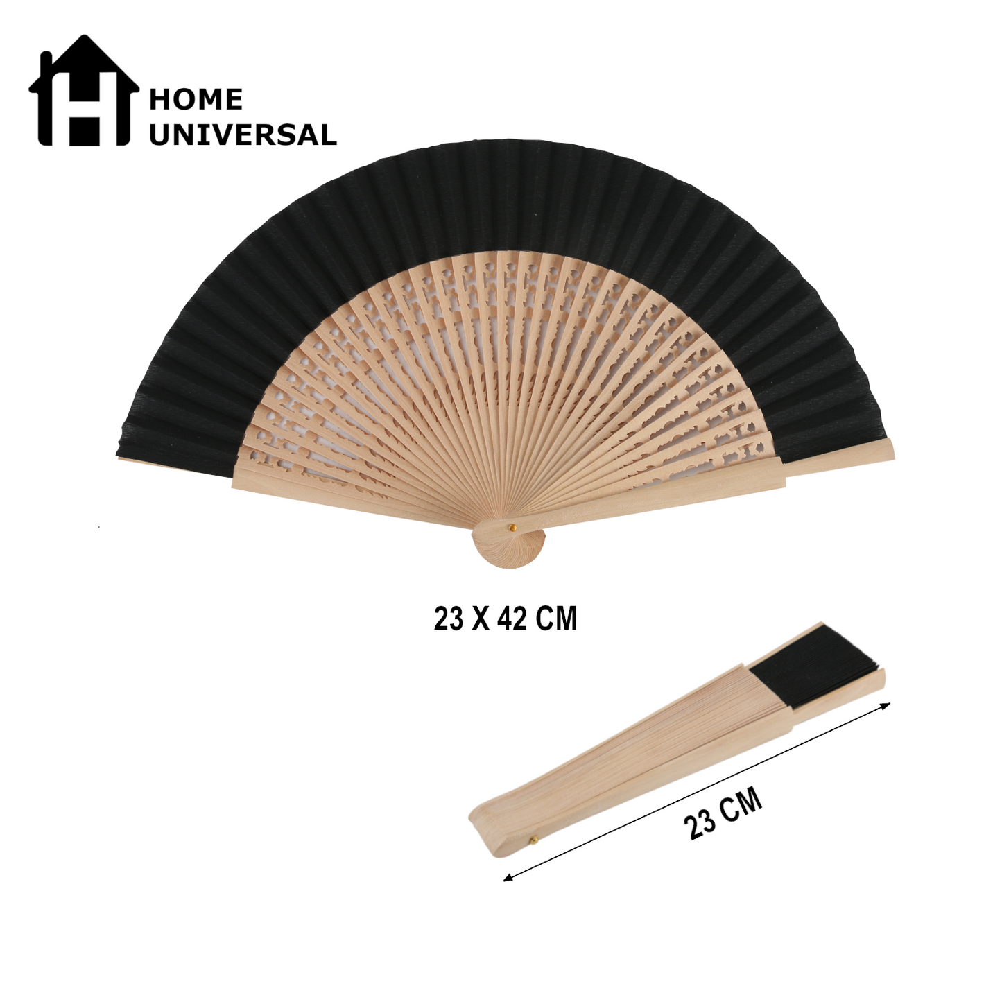 Home Universal ® Pack 12 Unidades Abanicos Madera con Tela Lisa 23cm, Detalles para los Invitados, Regalos de Boda, Fiestas, Comuniones y Otros Eventos (Negro troquelado con caja)