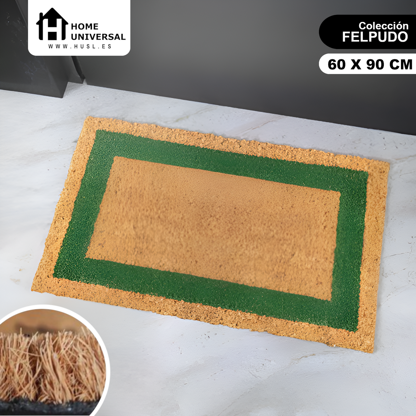 Home Universal ® Felpudos Fibra de Coco | Base Antideslizante de Caucho | Apto para el Exterior (Rectangular) Verde