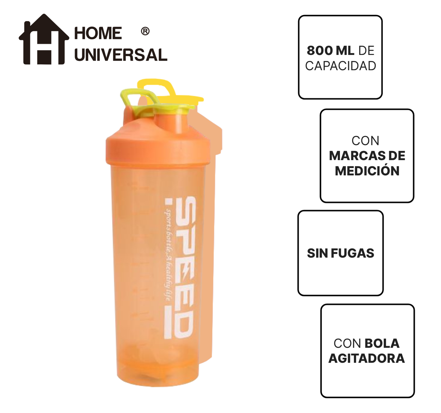Home Universal®Botella Shaker 800ml con Mixball – Agitadora para Proteínas en Polvo, Sin Fugas, Plástico Resistente con Tapa – Ideal para Fitness, Gimnasio y Deportes