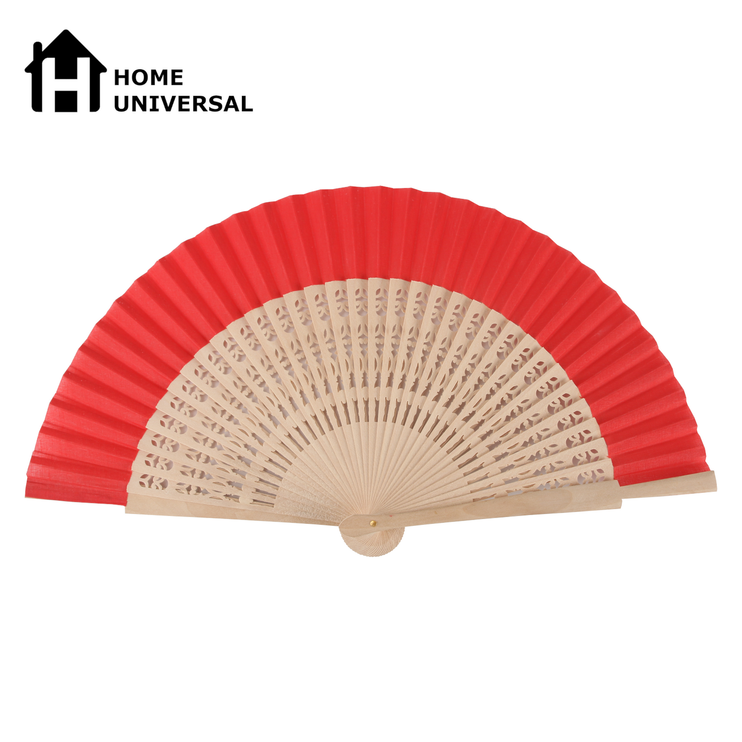 Home Universal ® Pack 12 Unidades Abanicos Madera con Tela Lisa 23cm, Detalles para los Invitados, Regalos de Boda, Fiestas, Comuniones y Otros Eventos (Rojo troquelado con caja)