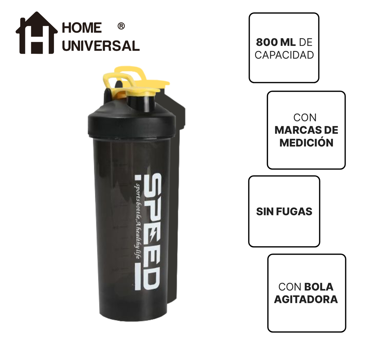 Home Universal®Botella Shaker 800ml con Mixball – Agitadora para Proteínas en Polvo, Sin Fugas, Plástico Resistente con Tapa – Ideal para Fitness, Gimnasio y Deportes