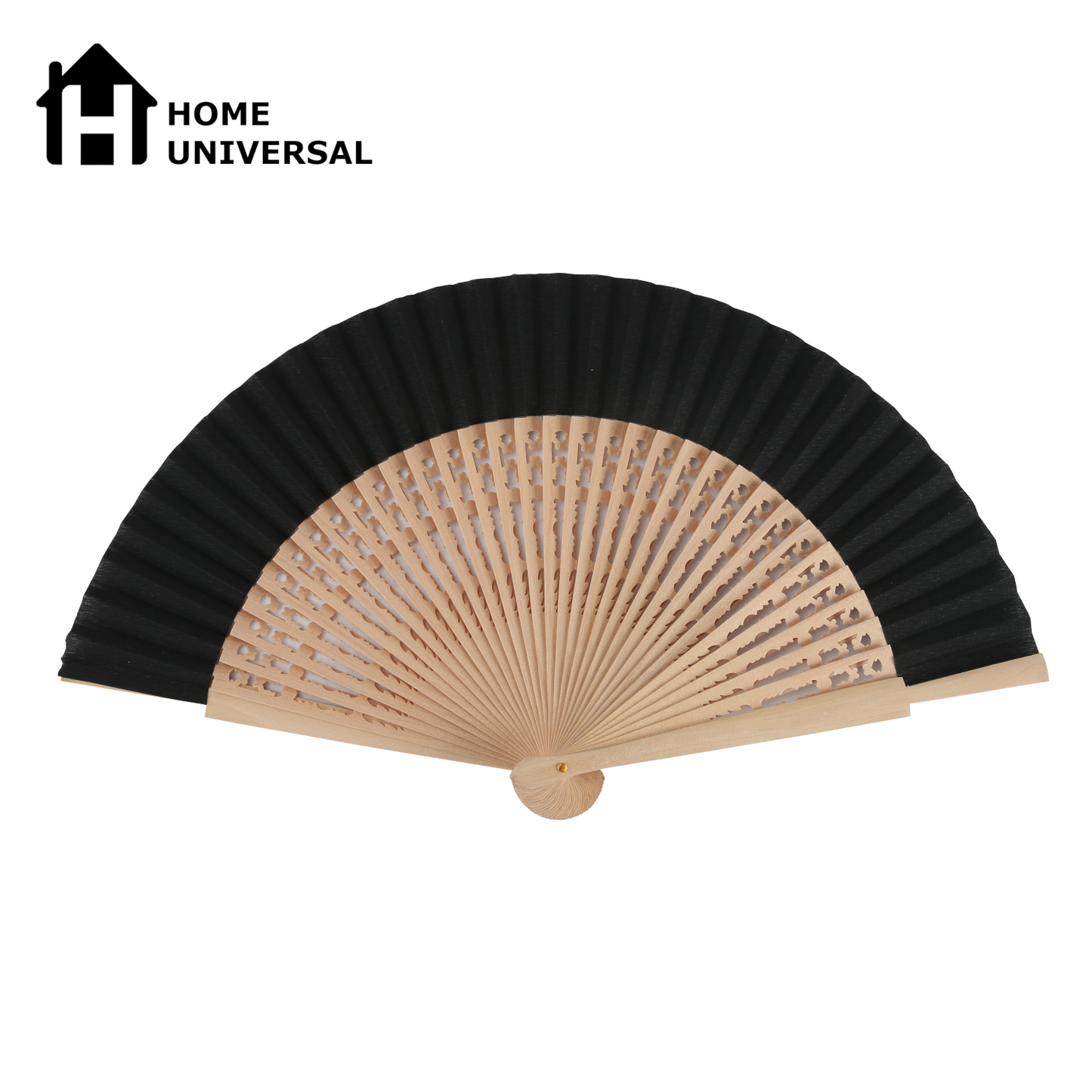 Home Universal ® Pack 12 Unidades Abanicos Madera con Tela Lisa 23cm, Detalles para los Invitados, Regalos de Boda, Fiestas, Comuniones y Otros Eventos (Negro troquelado con caja)