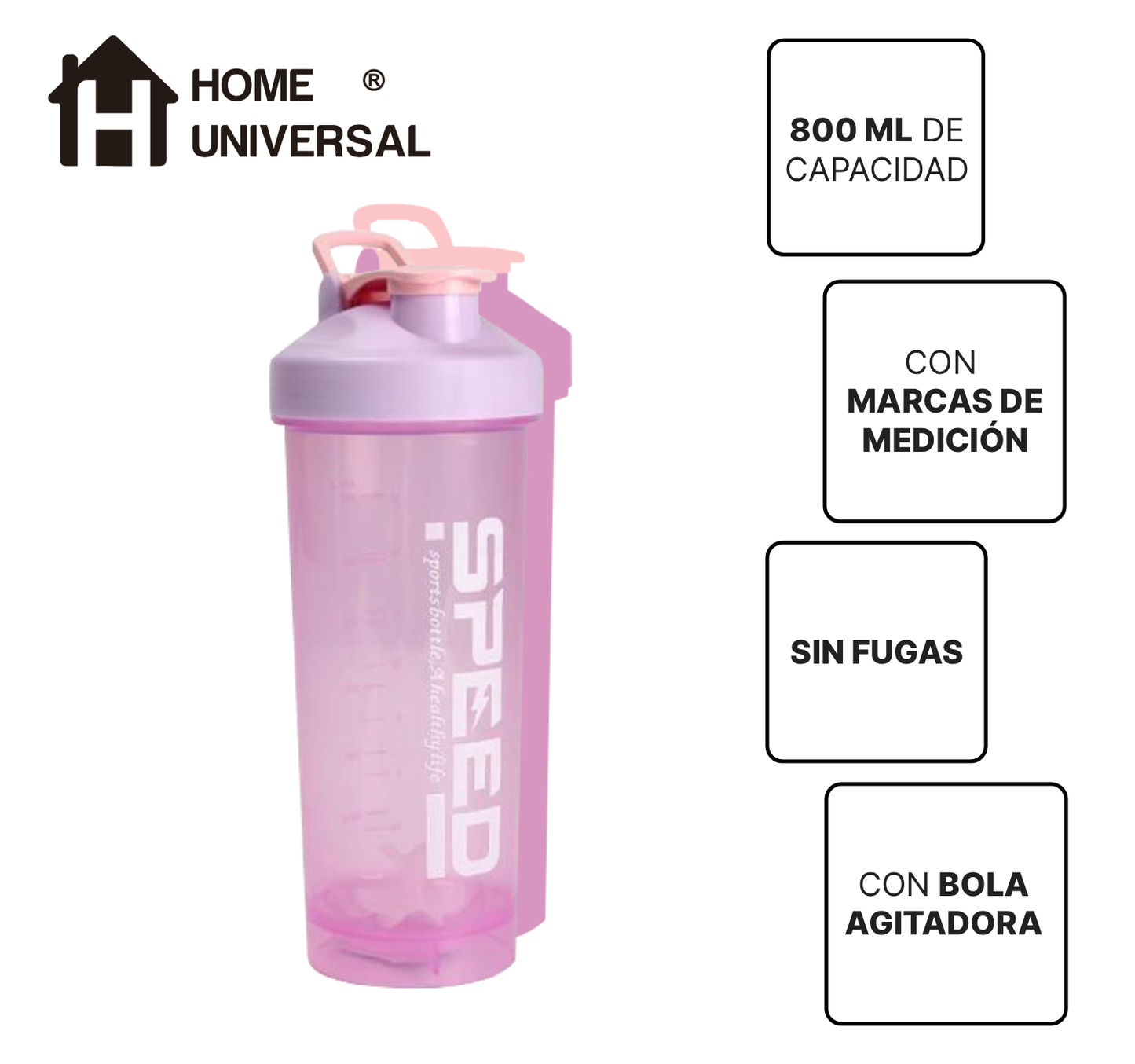 Home Universal®Botella Shaker 800ml con Mixball – Agitadora para Proteínas en Polvo, Sin Fugas, Plástico Resistente con Tapa – Ideal para Fitness, Gimnasio y Deportes