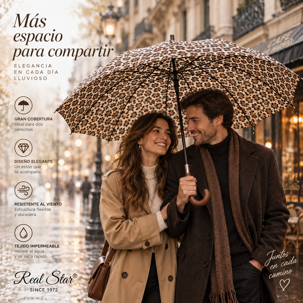 Home Universal® Paraguas Grande Semiautomático, Paraguas Largo Resistente al Viento con Mango Curvo para Mujer y Hombre (Leopardo Beige)