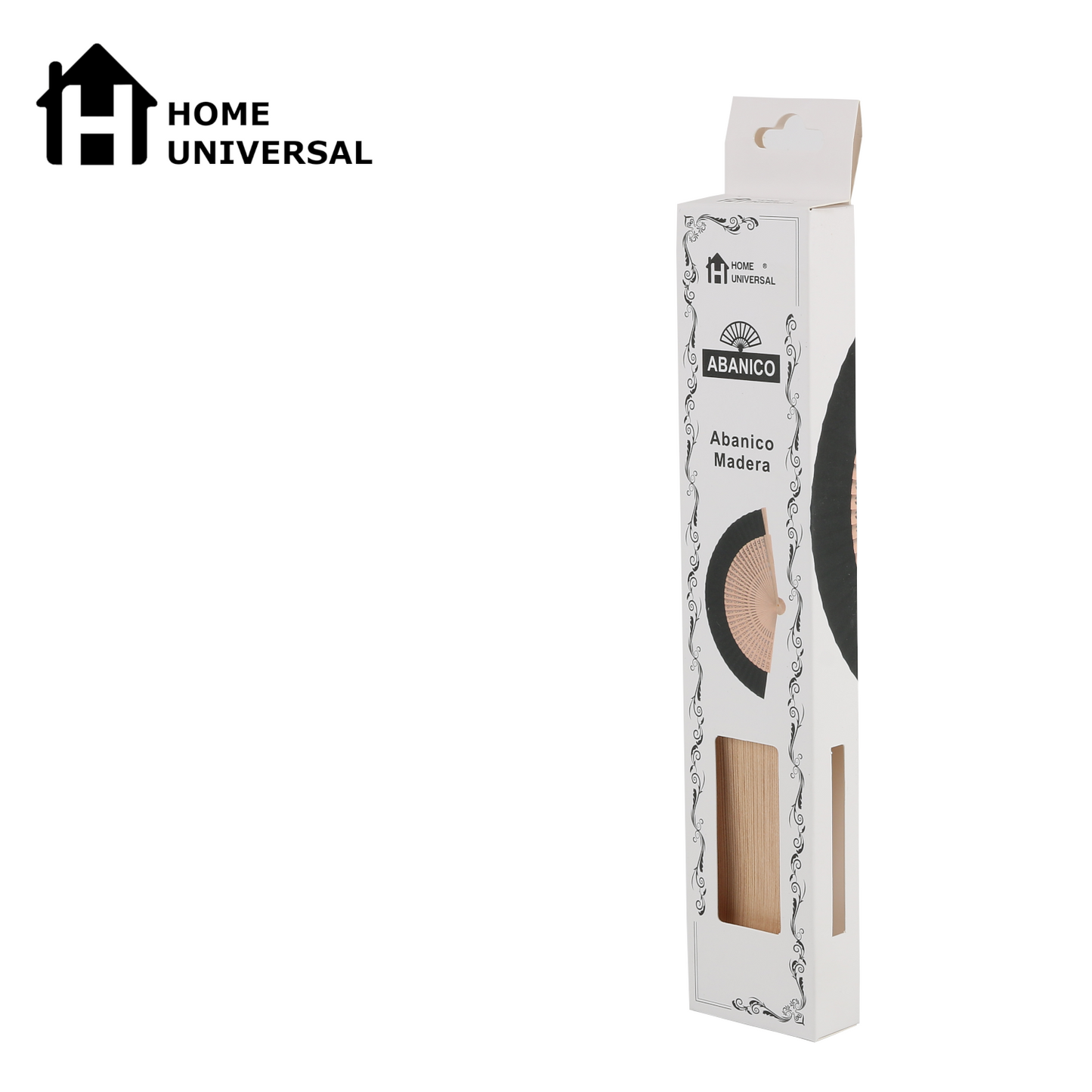 Home Universal ® Pack 12 Unidades Abanicos Madera con Tela Lisa 23cm, Detalles para los Invitados, Regalos de Boda, Fiestas, Comuniones y Otros Eventos (Negro troquelado con caja)