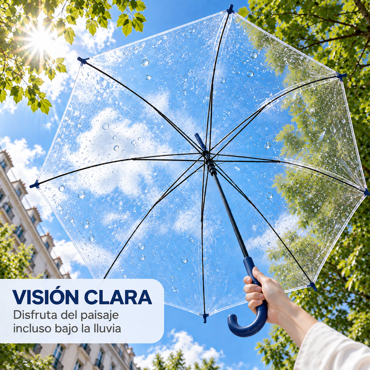 Home Universal® Paraguas Transparente Grande 120 cm, Paraguas de Cúpula con Mango Curvo, Apertura Semiautomática (Azul Marino)