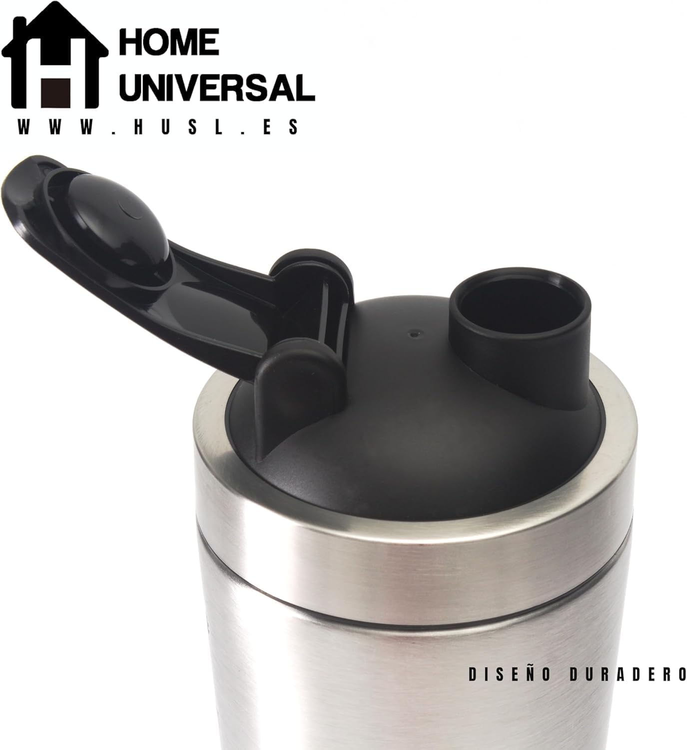 Home Universal® 750ML Botella Gim Shaker de Acero Inoxidable | BPA Free con Mezclador de Tapa Integrado | Vaso Gimnasio con Medidor | Apto para Lavavajillas | Vaso Proteína (Acero)