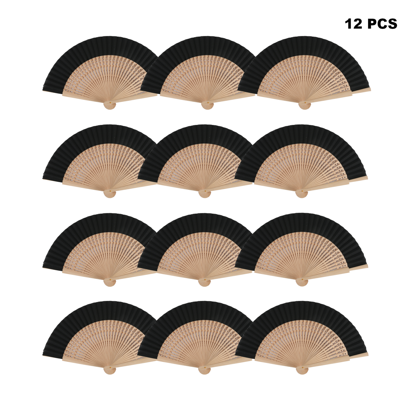 Home Universal ® Pack 12 Unidades Abanicos Madera con Tela Lisa 23cm, Detalles para los Invitados, Regalos de Boda, Fiestas, Comuniones y Otros Eventos (Negro troquelado con caja)