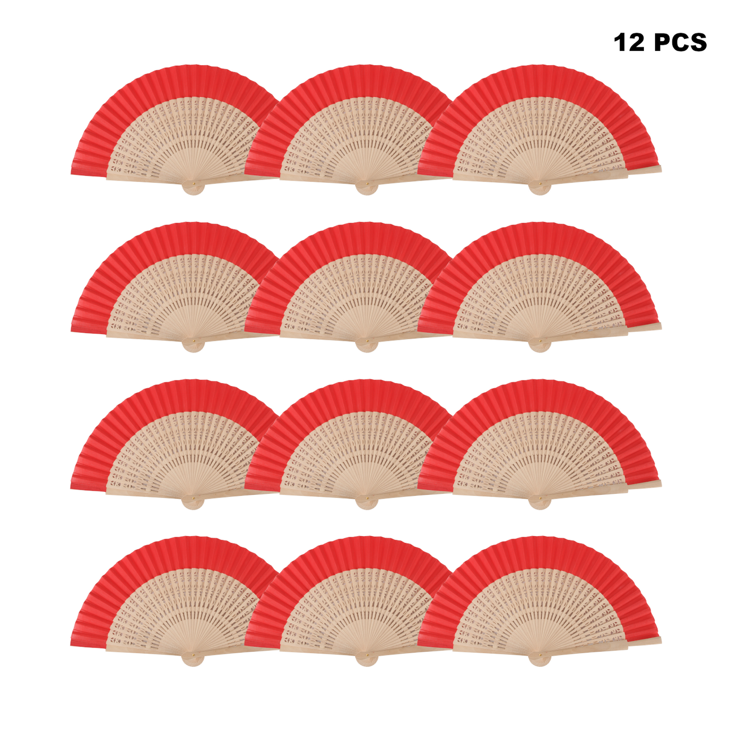 Home Universal ® Pack 12 Unidades Abanicos Madera con Tela Lisa 23cm, Detalles para los Invitados, Regalos de Boda, Fiestas, Comuniones y Otros Eventos (Rojo troquelado con caja)