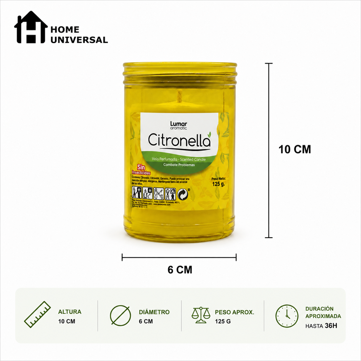 Lumar Citronela – Velas Antimosquitos para Exterior, Jardín, Terraza y Balcón | Protección Natural contra Mosquitos para Verano - Citronela Bote Plástico (6 Unidades)