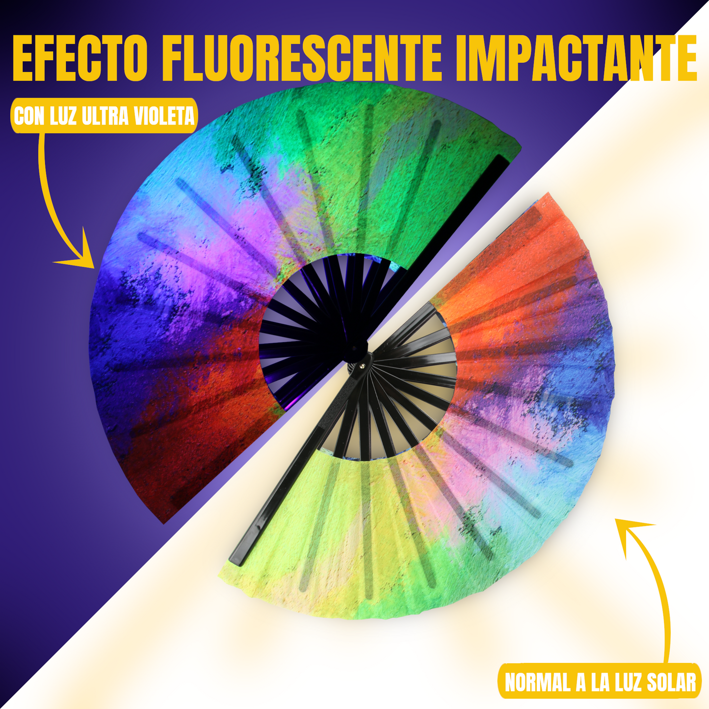 Home Universal® Abanico XXL 33 cm Grande de Plástico con Caja – Plegable, Ligero y Resistente – Efecto Fluorescente Brillante – Ideal para Verano, Fiesta, Discoteca, Pride y Eventos - Neón Arcoíris – Reacciona a la Luz UV