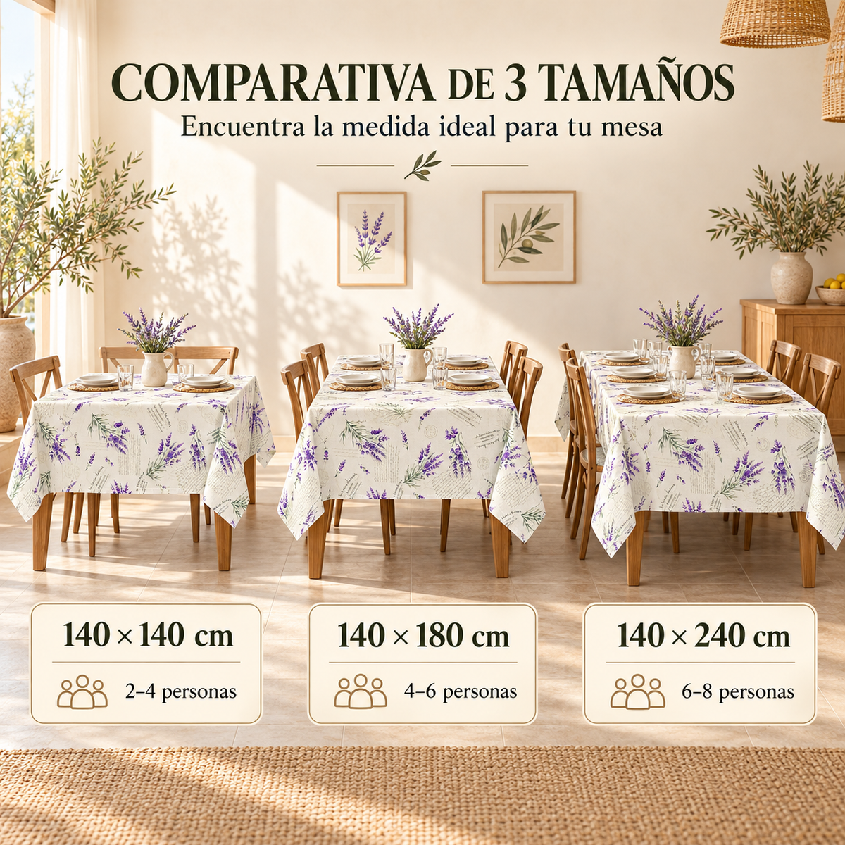 Home Universal® Mantel de Mesa Impermeable y Antimanchas, Tejido de Loneta con Efecto Lino , Liso o Estampado, para Cocina y Comedor (Lavanda)