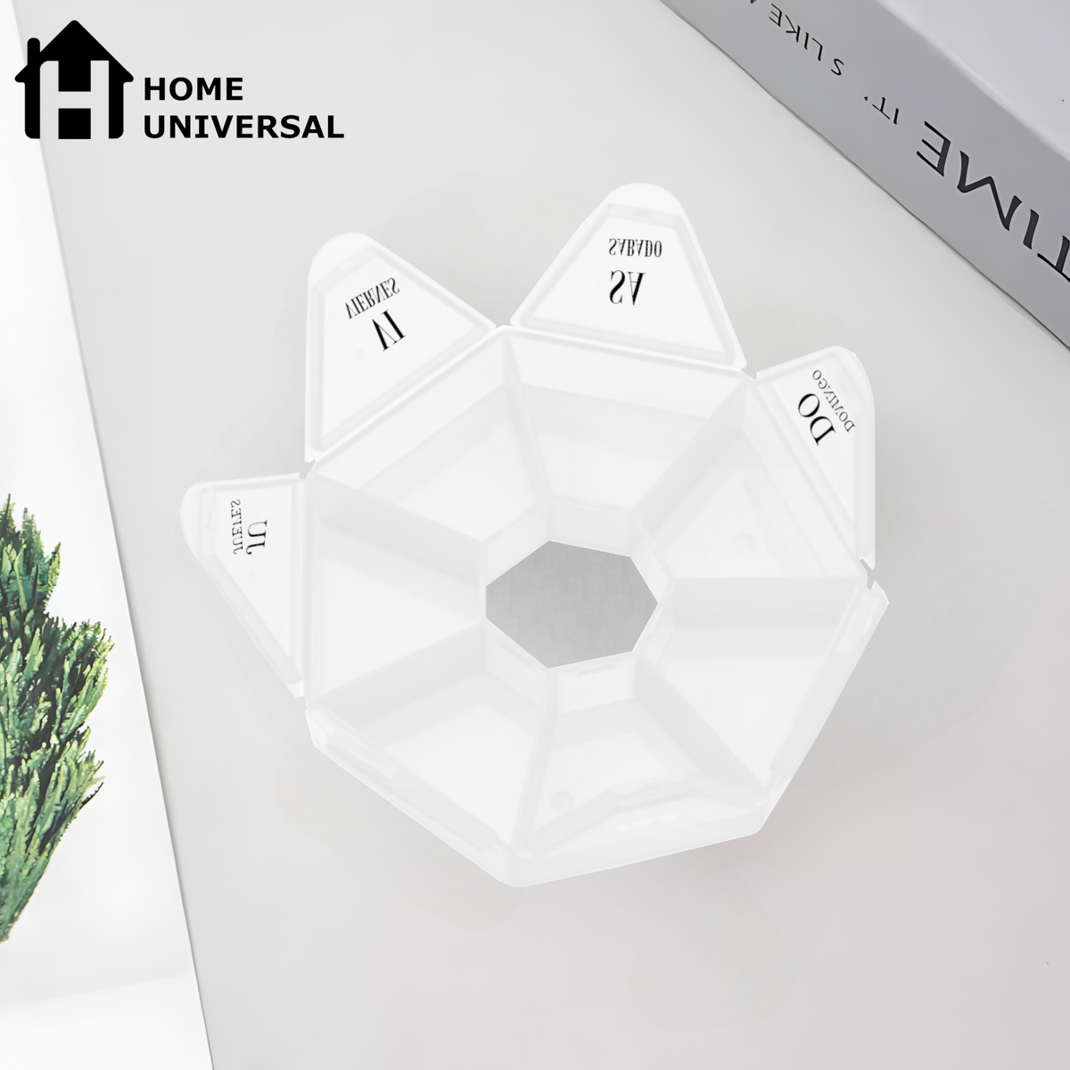 Home Universal® Pastillero portátil y semanal con 6, 7 o 28 compartimentos | Caja organizadora de pastillas con cortador integrado – Diferentes colores y formatos (Pastillero semanal 7 compartimentos - Octogonal)