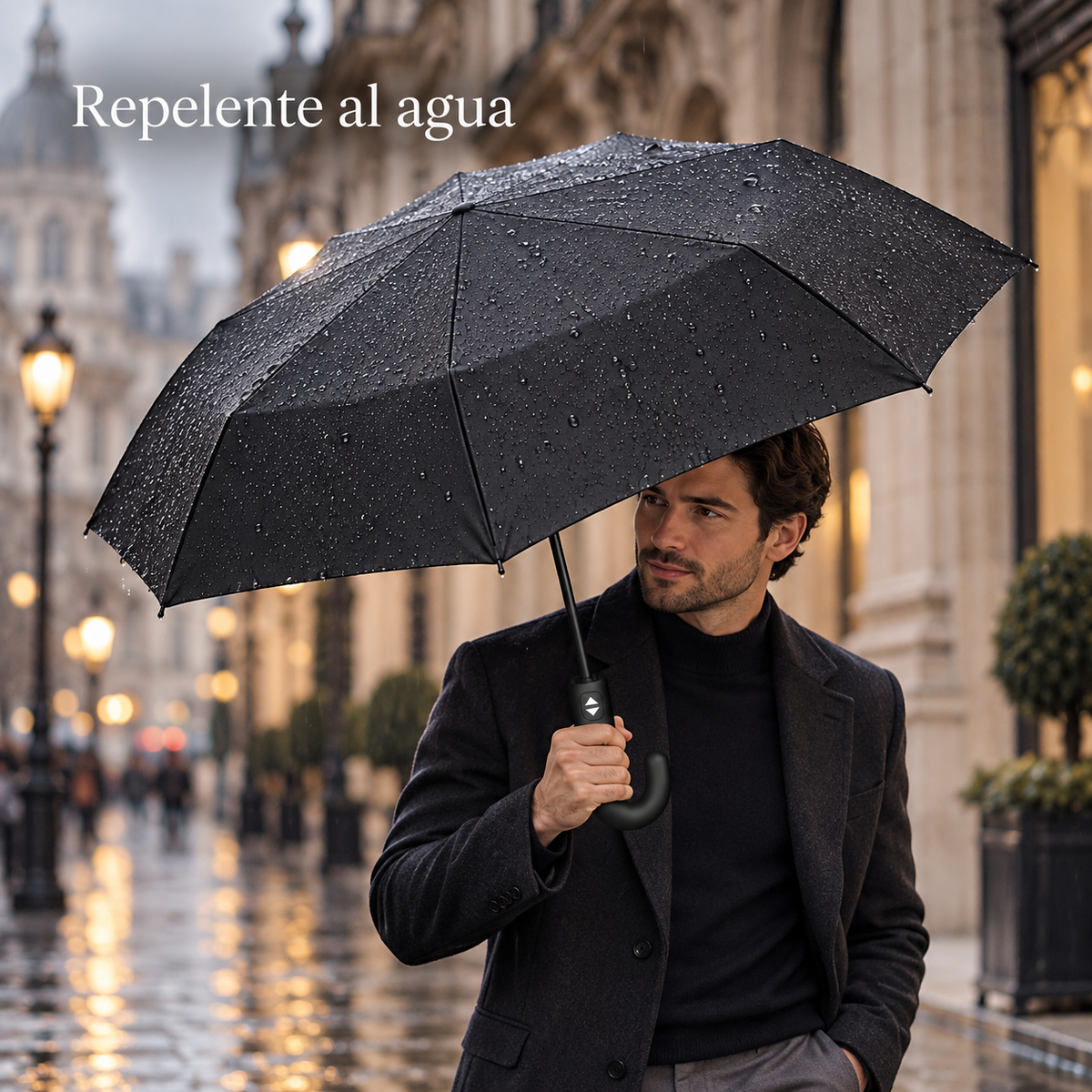Home Universal® Paraguas Automático Plegable Grande, Compacto y Resistente, para Lluvia y Sol (Mango Curvo (Negro))