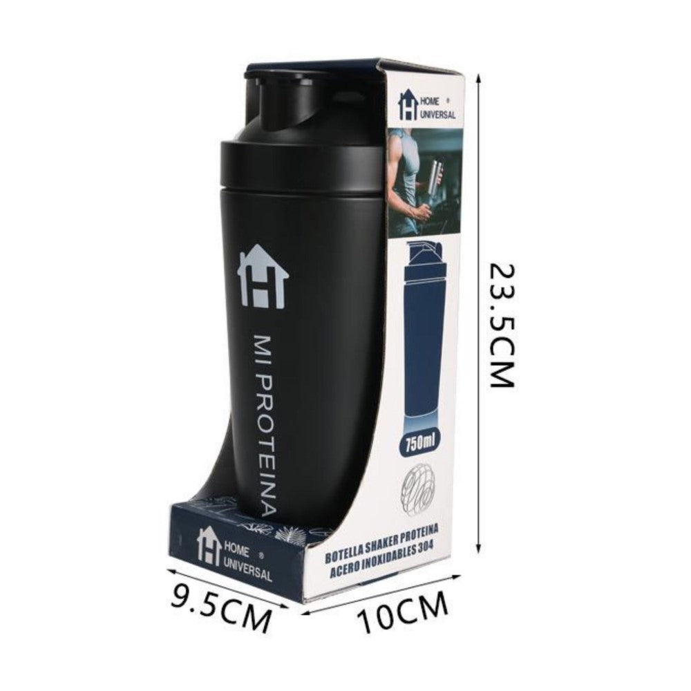 Home Universal® 750ML Botella Gim Shaker de Acero Inoxidable | BPA Free con Mezclador de Tapa Integrado | Vaso Gimnasio con Medidor | Apto para Lavavajillas | Vaso Proteína (Negro)