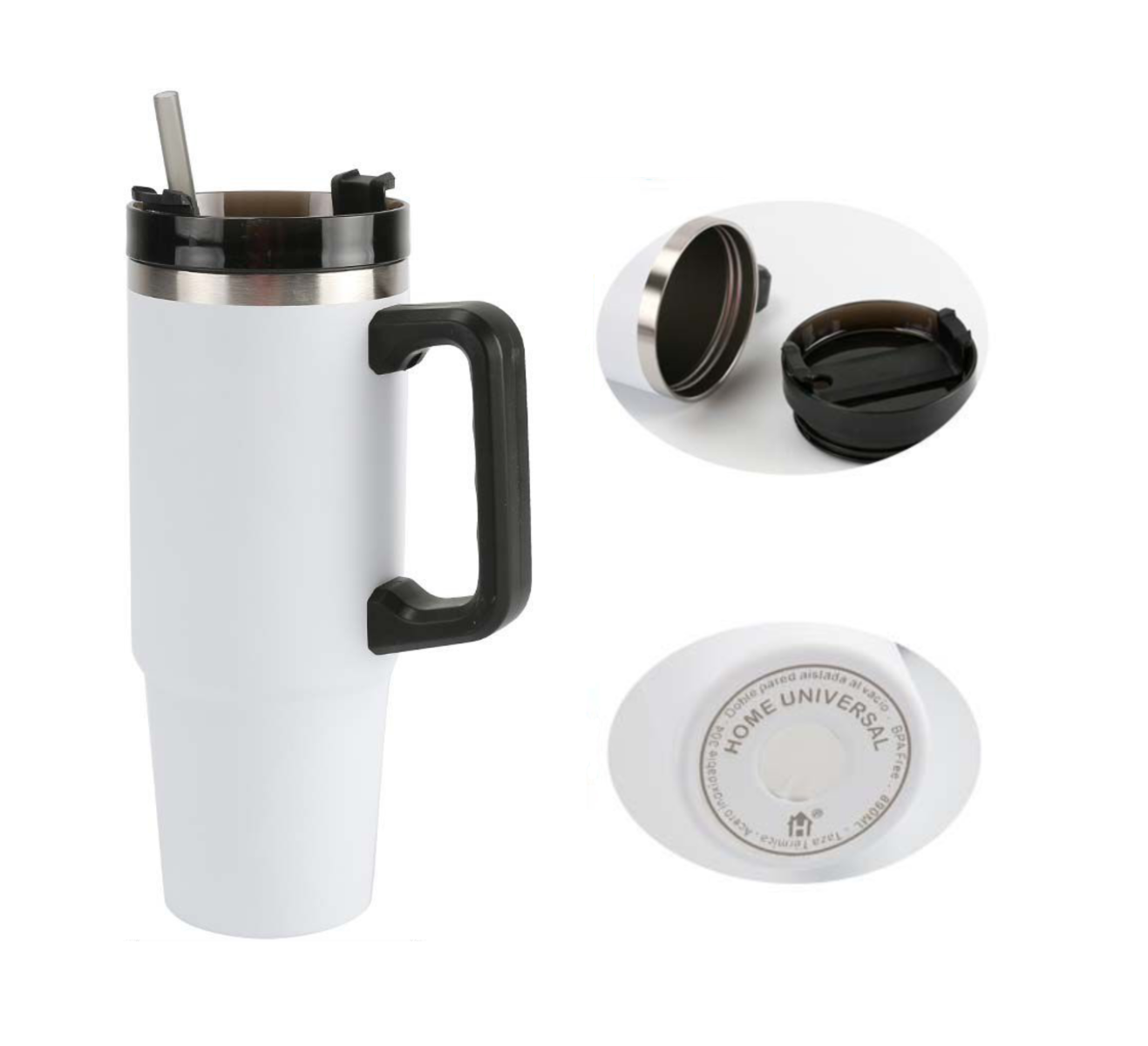 Home Universal® 890ML - Taza de Viaje con Tapa y Pajita para Coche | Taza Térmica de Café con Aislamiento de Doble Pared | Acero Inoxidable (Blanco)