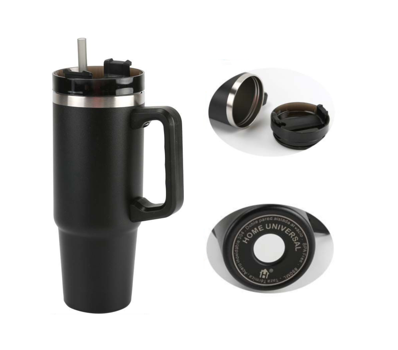 Home Universal® 890ML - Taza de Viaje con Tapa y Pajita para Coche | Taza Térmica de Café con Aislamiento de Doble Pared | Acero Inoxidable (Negro)