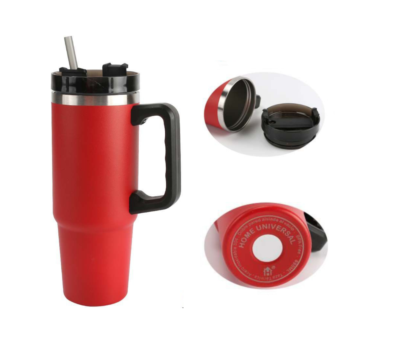 Home Universal® 890ML - Taza de Viaje con Tapa y Pajita para Coche | Taza Térmica de Café con Aislamiento de Doble Pared | Acero Inoxidable (Rojo)