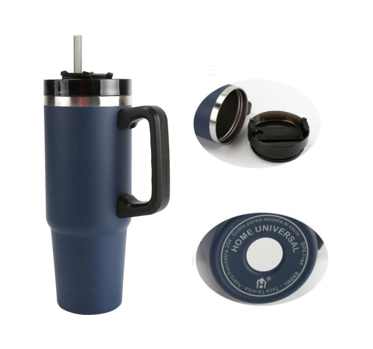 Home Universal® 890ML - Taza de Viaje con Tapa y Pajita para Coche | Taza Térmica de Café con Aislamiento de Doble Pared | Acero Inoxidable (Azul Oscuro)