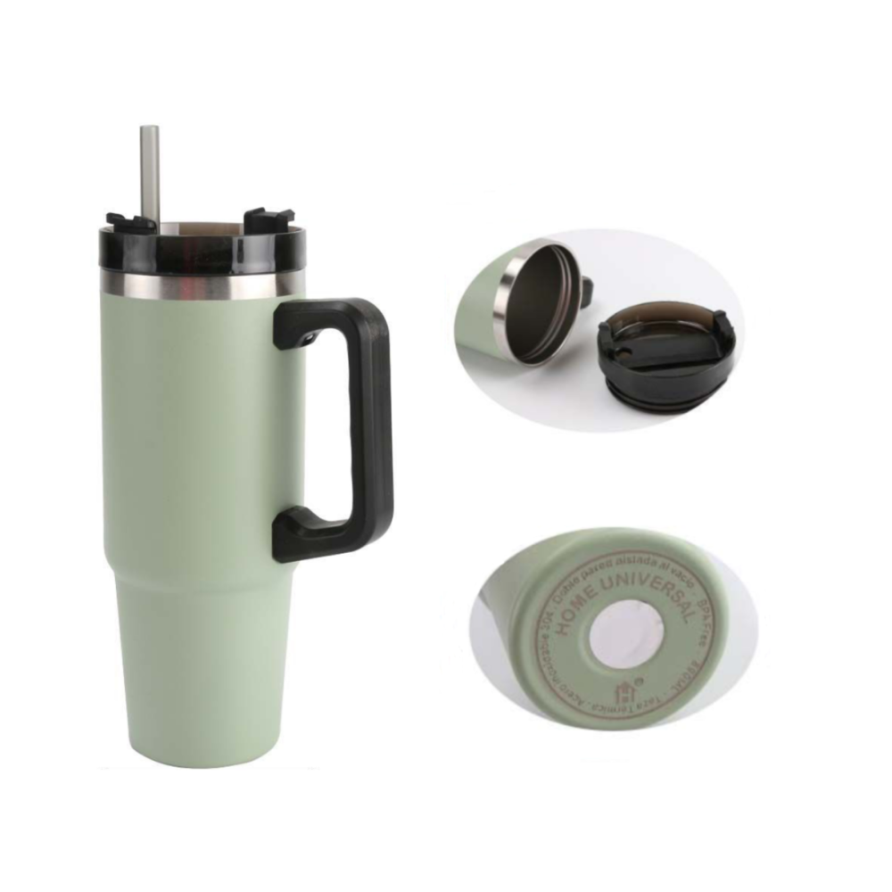 Home Universal® 890ML - Taza de Viaje con Tapa y Pajita para Coche | Taza Térmica de Café con Aislamiento de Doble Pared | Acero Inoxidable (Verde Oliva)