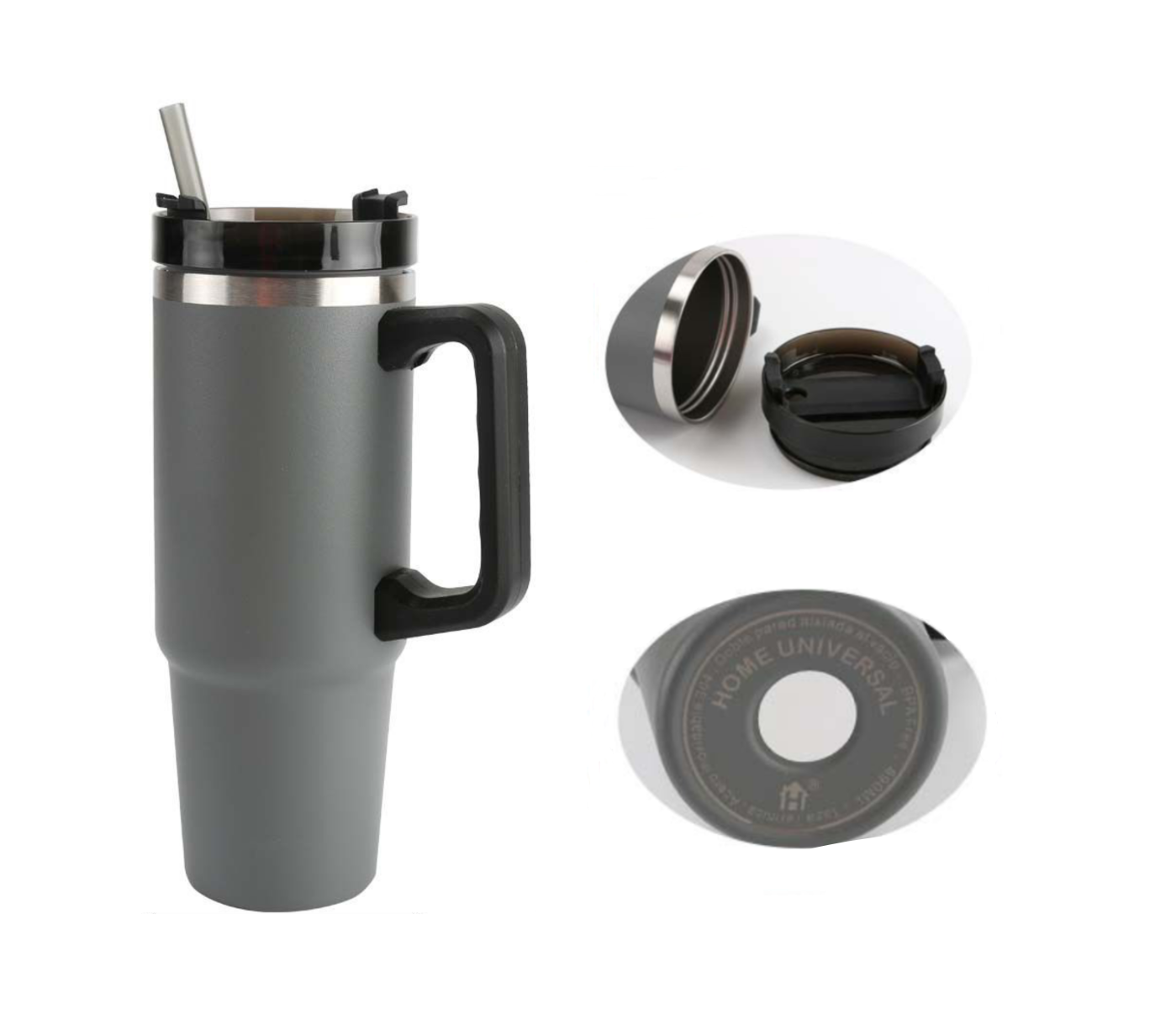Home Universal® 890ML - Taza de Viaje con Tapa y Pajita para Coche | Taza Térmica de Café con Aislamiento de Doble Pared | Acero Inoxidable (Gris)