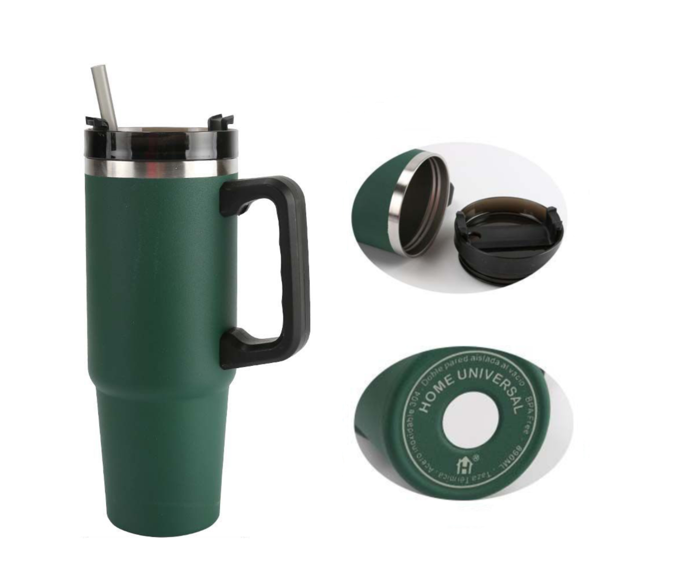 Home Universal® 890ML - Taza de Viaje con Tapa y Pajita para Coche | Taza Térmica de Café con Aislamiento de Doble Pared | Acero Inoxidable (Verde Oscuro)